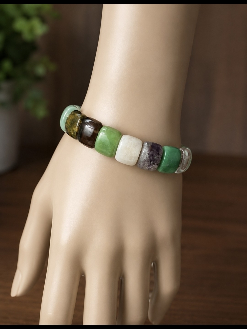 Natural Glass Stretch Bracelet – Green, White & Smoky Gemstone Beads – Boho Stat